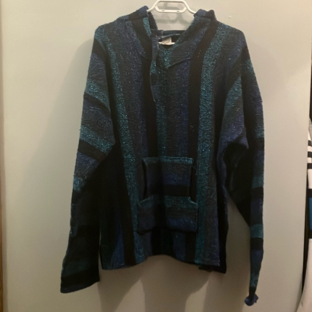 Blue Sweater with Striped Pattern and High Collar